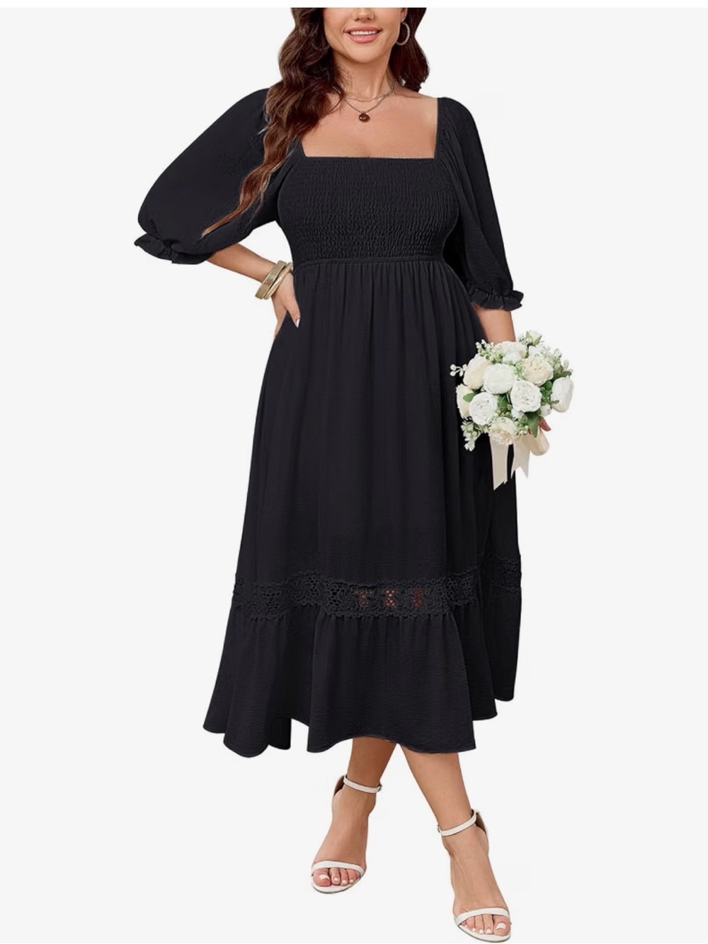 Square Neck Black Midi Dress with lace inserts, a smocked bodice & Puff Sleeves